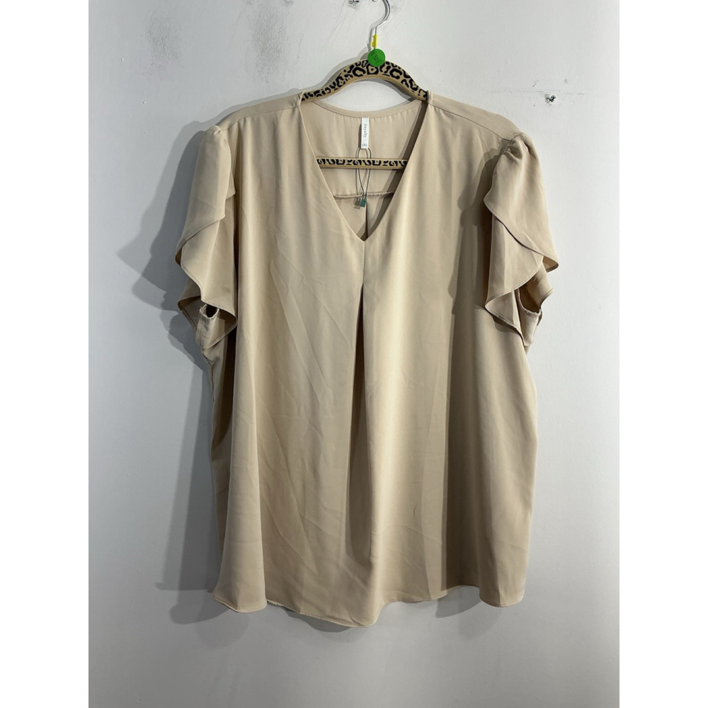 Womans Anyally Flowy Blouse 3 XL Nude V Neck Short Cap Sleeves